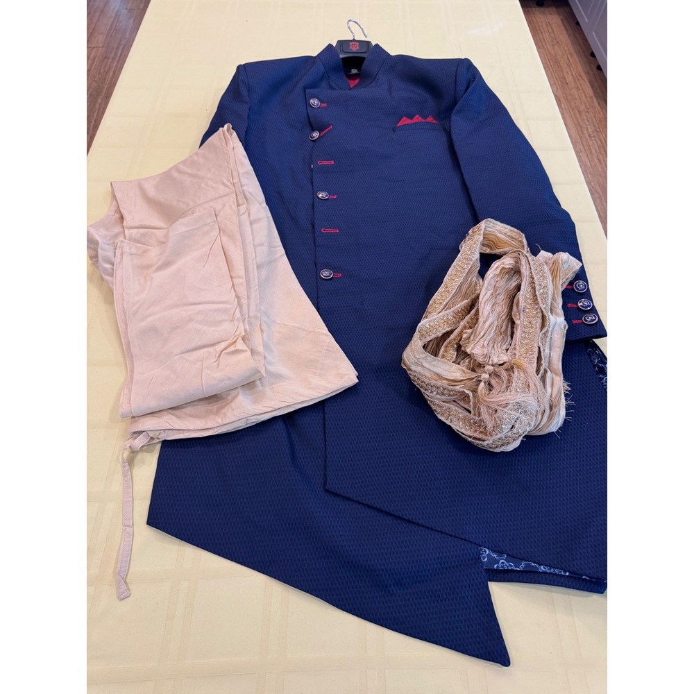 Mens Navy Blue Indo-Western Sherwani Set with Gold Embellished Dupatta & Pants